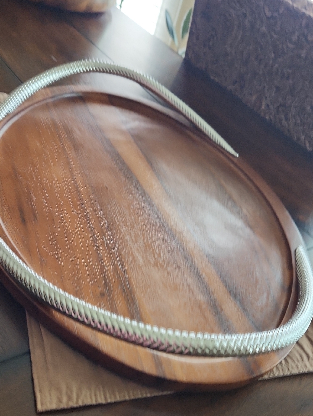 Nambe Silver Braided Metal Acaia Wooden 19" Tray